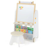 Childrens easel on wheels - height adjustable and packed with features - white and light natural finish