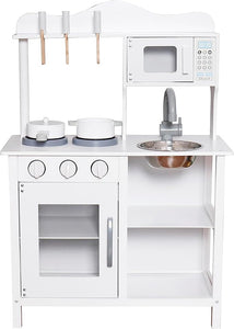White children's toy kitchen set with toy appliances on a white background
