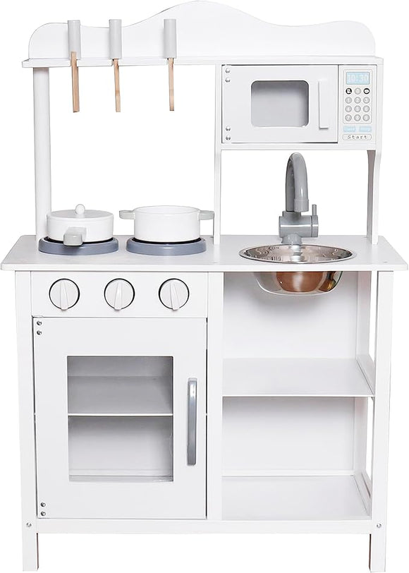 White children's toy kitchen set with toy appliances on a white background