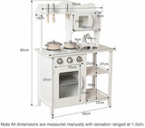 Children's wooden toy kitchen set with measurements on a white background