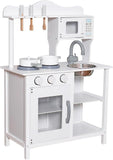 White toy kitchen set with various accessories on a white background