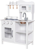 White children's play kitchen set with various accessories on a white background