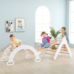 6-in-1 Children's Eco Wood Climbing Frame | Montessori Pikler Set | Arch | Rocker | Slide | Climbing Triangle in White and Natural