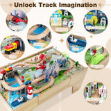 Wooden train table with tracks, bridges, buildings and colourful toy vehicles.