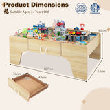 1. Natural wooden train table measuring 107 × 63 × 40 cm with rounded corners.