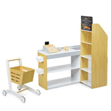 Full front‑view of wooden kids supermarket playset with shopping trolley