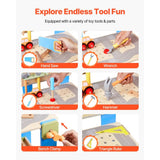 Toy tool set with various tools and parts on a white background