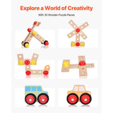 Wooden puzzle pieces shaped like vehicles on a white background with text about creativity.