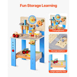 Wooden toy workshop with colourful blocks and pretend play tools