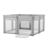 large grey toddler playpen with external zipped door