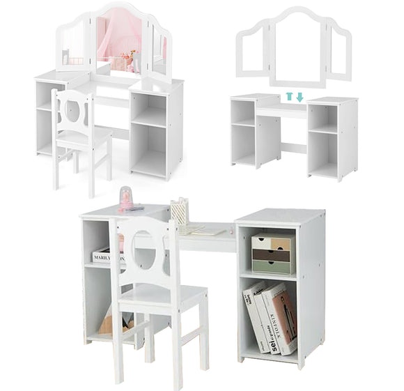 Montessori 2-in-1 Homework Desk & Vanity Dressing Table  & Chair| Bureau | Storage | White | 3-10 Years