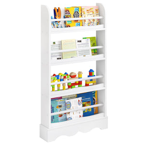 Childrens 4 Tier Wall Mounted Wooden Bookcase White 1.1m High