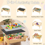 Wooden activity table showing interchangeable railway, chalkboard and building play surfaces.