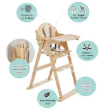 Wooden high chair with features highlighted on a white background