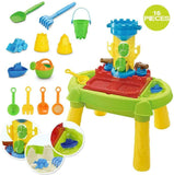 16 accessories are included with this kids sand and water table including water wheel, sand moulds, watering can and tools.