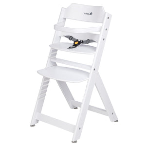 chaise haute en bois blanc à hauteur réglable 3 en 1, plateau amovible, barre de sécurité et harnais de sécurité