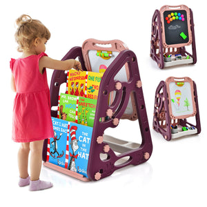 3-in-1-Montessori-Staffelei für Kinder, höhenverstellbar, magnetisches Whiteboard, Kreidetafel und Bücherregal
