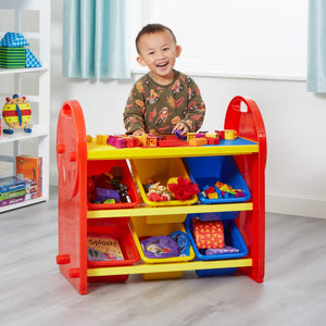 unidad de almacenamiento de juguetes colorida Montessori 2 en 1 con 6 contenedores | Mesa Lego