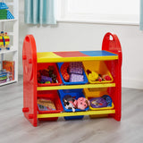 El organizador de almacenamiento de 6 contenedores contiene una variedad de materiales de actividades y juguetes.