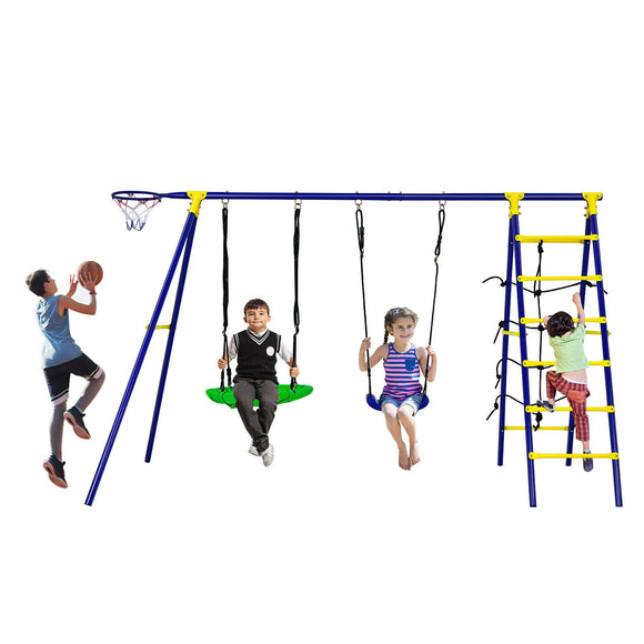 5-in-1 Anti-rust Children's 2 Swings Set | Climbing Ladder & Net and Basketball Hoop |