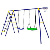 5-in-1 Anti-rust Children's 2 Swings Set | Climbing Ladder & Net and Basketball Hoop