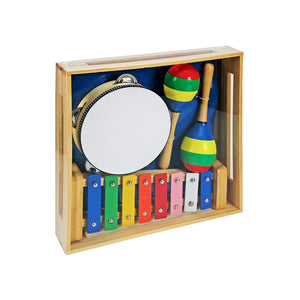 Este conjunto de instrumentos infantis super colorido vem em uma caixa de madeira e contém pandeiro, xilofone e maracas.