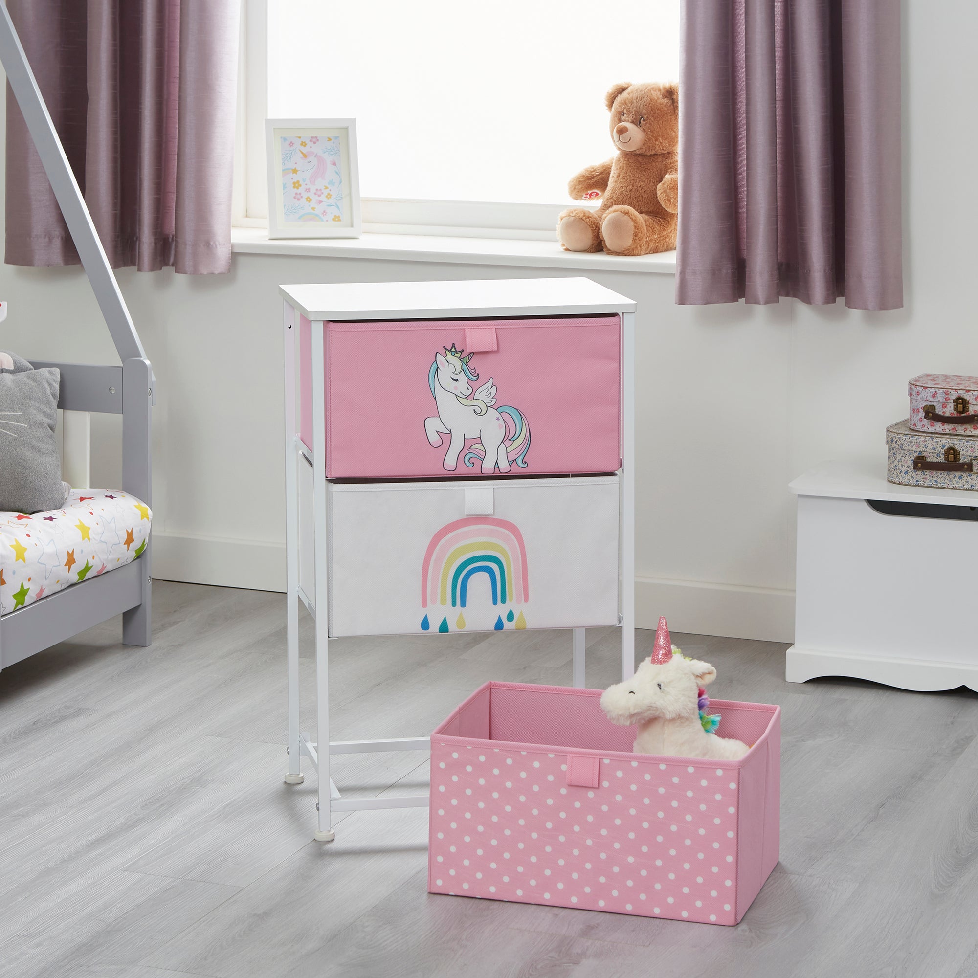 Toy Storage Unit with Drawers Bedside Table Unicorn Rainbows
