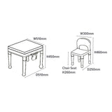 Table d'activités polyvalente pour enfants et 2 chaises. Dimensions de l'ensemble. Tableau : H45 x L51 x P51 cm. Chaise : H46 x L30 x P25cm