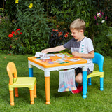has a reversible and removable desk top - one side smooth for writing, drawing and snacking at whilst the reverse is a lego board. 