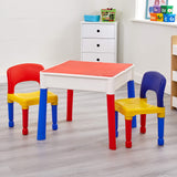 The table is supplied with a red play top (which also acts as a cover) providing a smooth surface suitable for mealtime and reading and drawing.