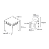 Dimensiones del juego de mesa y 2 sillas 5 en 1 para niños: Mesa H45 x W51 x D51cm. Silla: Alto 44 x Ancho 30 x Fondo 25 cm