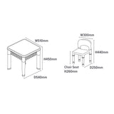 Maße des 6-in-1-Sets mit Tisch und 2 Stühlen für Kinder. Tisch H45 x B51 x T54 cm. Stuhl H44 x B30 x T25. Stuhlsitz H26