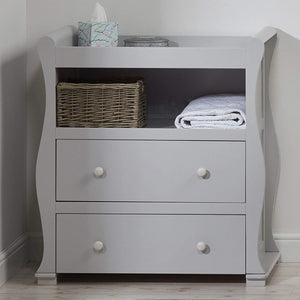 grey wooden baby changing unit with storage draws for you to be organised during nappy changes