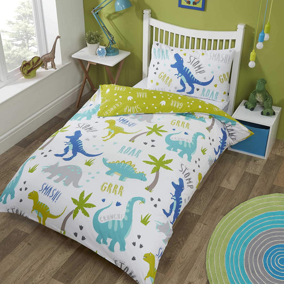 From roaring to snoring, this bold dinosaur Toddler Bedding makes bedtime brighter. 