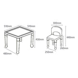 Afmetingen: tafel 51 x 51 x 43,5 cm; Stoelen: 27 x 31 x 44 cm