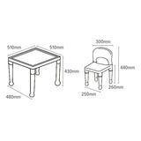 Dimensões: Mesa 51 x 51 x 43,5cm; Cadeiras: 27 x 31 x 44 cm