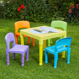 Mehrfarbiges Set aus leicht zu reinigendem Kunststofftisch und 4 Stühlen für den Innen- und Außenbereich
