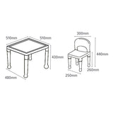 Abmessungen: Tisch 51 x 51 x 43,5 cm; Stühle: 27 x 31 x 44 cm