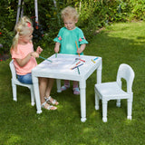 This attractively designed multi-purpose table and chairs is ideal for young children to sit at and enjoy play, arts & crafts activities, or to enjoy a picnic in the garden.