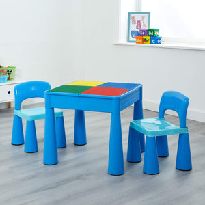Intérieur pour enfants | Ensemble table et 2 chaises d'extérieur 4 en 1 en plastique | Tableau Lego | Fosse à sable et à eau | Bleus