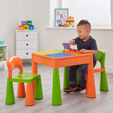 Interior infantil | Conjunto de mesa de plástico multiuso para exterior e 2 cadeiras | Quadro Lego | Poço de areia e água | Laranja e Verde