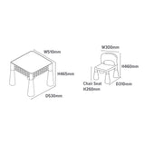 Dimensiones del juego de mesa y 2 sillas de plástico 4 en 1 para interiores y exteriores para niños. Mesa Al 46,5 x An 51 x Pr 53 cm. Silla Al 46 x An 30 x Pr 31 cm