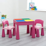 Intérieur pour enfants | Ensemble table et 2 chaises en plastique polyvalentes pour l'extérieur | Tableau Lego | Fosse à sable et à eau | Rose