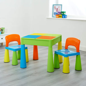 बच्चों के लिए 5-इन-1 टेबल और 2 कुर्सियों का सेट | रेत और पानी का गड्ढा | लेगो | ड्राई वाइप टॉप | भंडारण