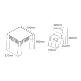Dimensions: Table 51 x 51 x 43.5cm; Chairs: 26 x 31 x 44cm