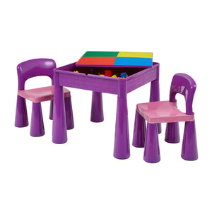 Ensemble table et 2 chaises en plastique polyvalentes pour enfants, intérieur et extérieur, avec panneau Lego amovible