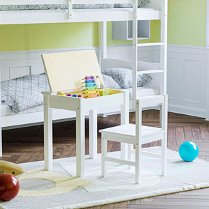 Escritorio de tareas Montessori que ahorra espacio | almacenamiento y silla | blanco | 3-7 años