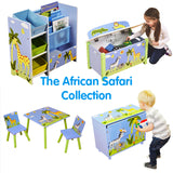 Ta linia mebli dla dzieci z motywem afrykańskiego safari obejmuje miejsce do przechowywania, pudełko na zabawki, szuflady oraz pasujący stół i krzesła