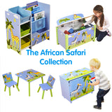 Esta linha de móveis infantis com tema Safari Africano inclui armazenamento, caixa de brinquedos, gavetas e conjunto de mesa e cadeiras combinando