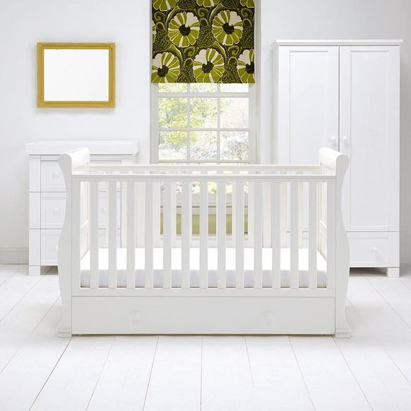 This 4-in-1 warm white Alaska Sleigh Cot Bed with Drawer is a beautiful Wooden Cot, Toddler Bed and day bed